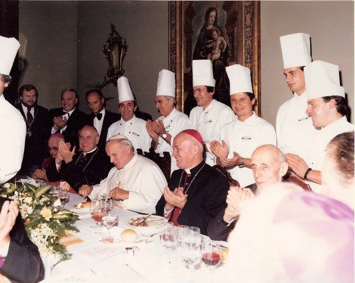 Archive photograph of chefs at a Vatican dinner from Roberto’s culinary career