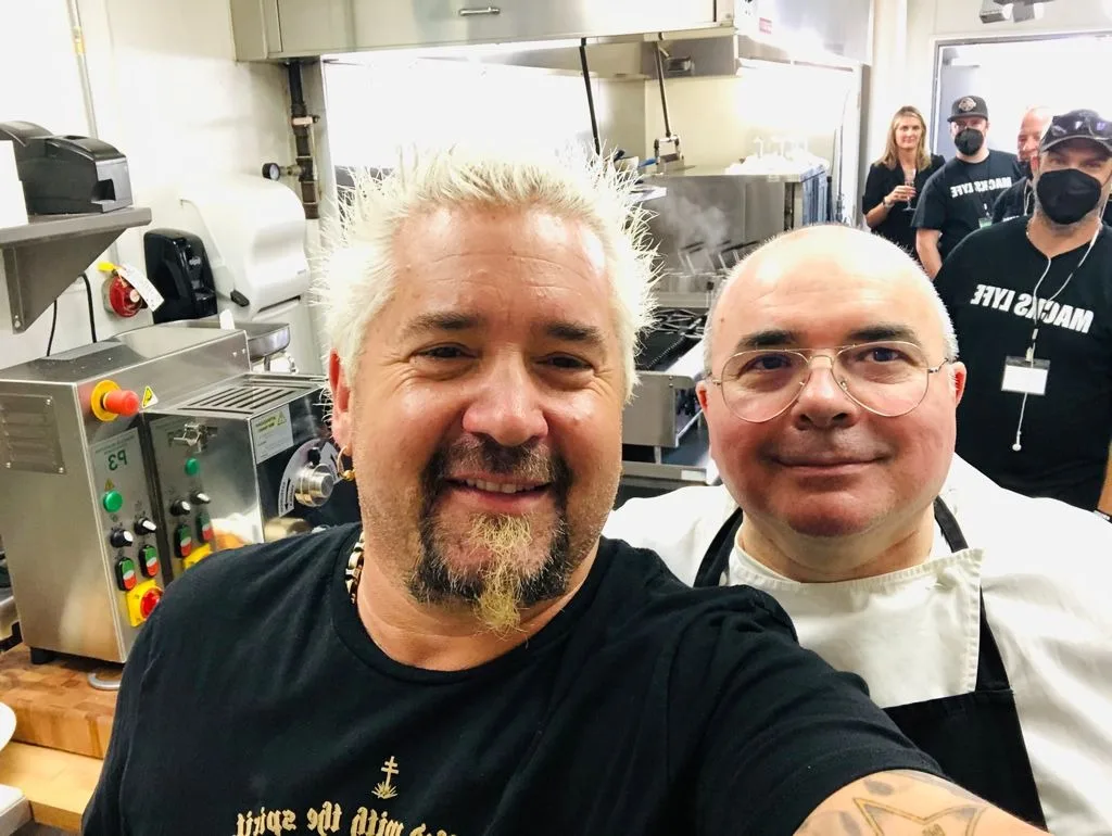 Chef Roberto Crescini with Guy Fieri during the Fresco Cafe Italiano visit