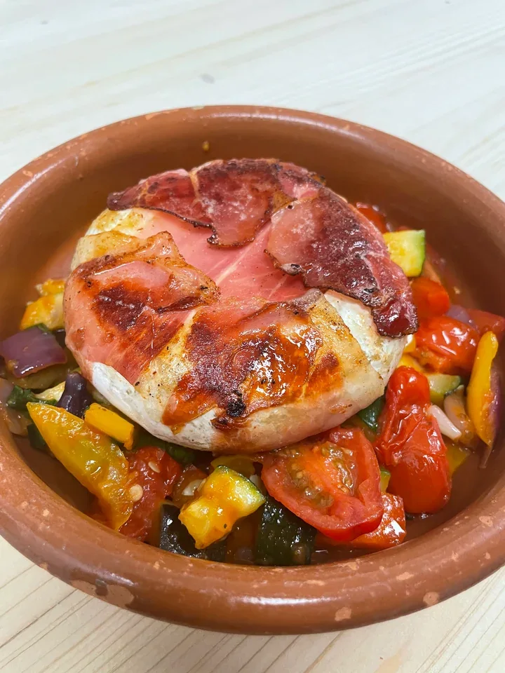 Archive view of Tomino Gratinato con Speck e Caponata plated at Davanti
