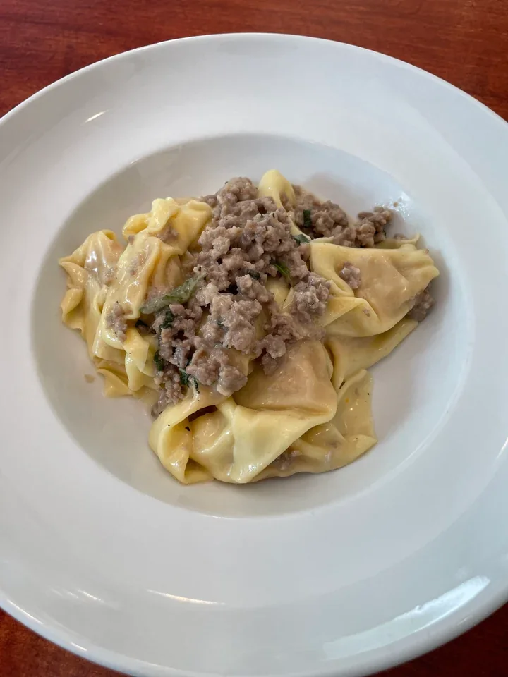 Archive view of Tortelli di Zucca alla Mantovana plated at Davanti