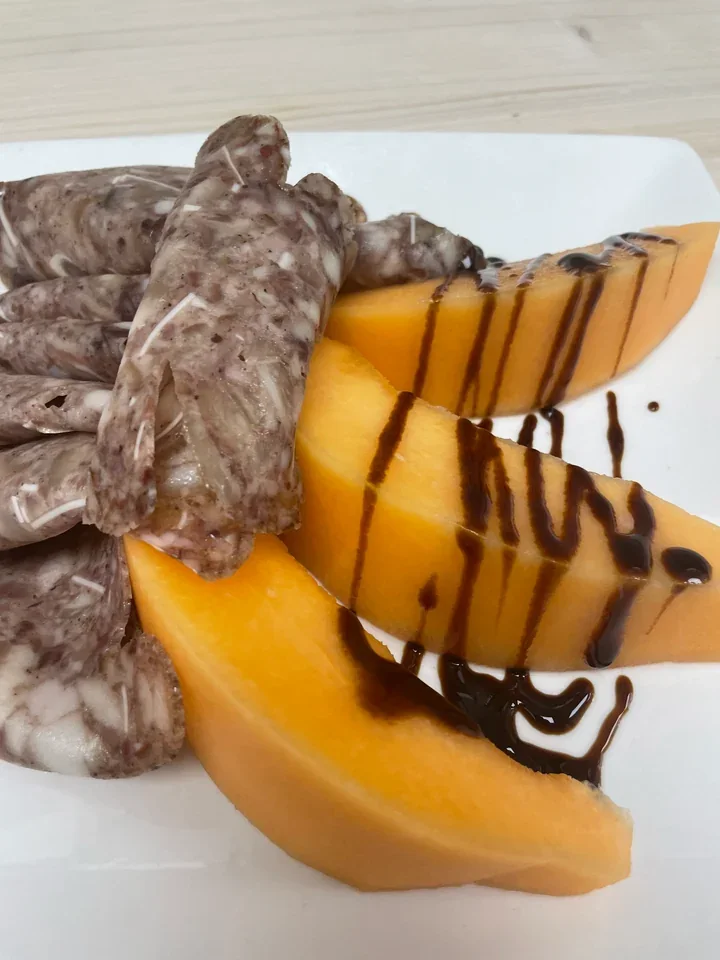 Archive view of Coppa di Testa con Melone Cantaloupe plated at Davanti
