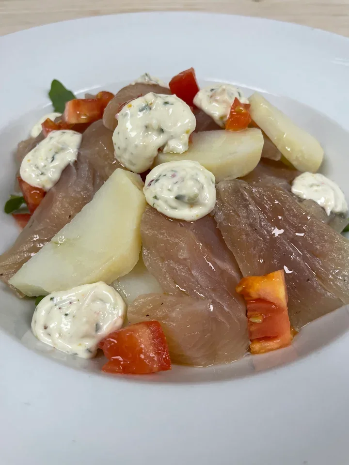 Archive view of Insalata di Trota Affumicata con Patate e Salsa Tartara plated at Davanti