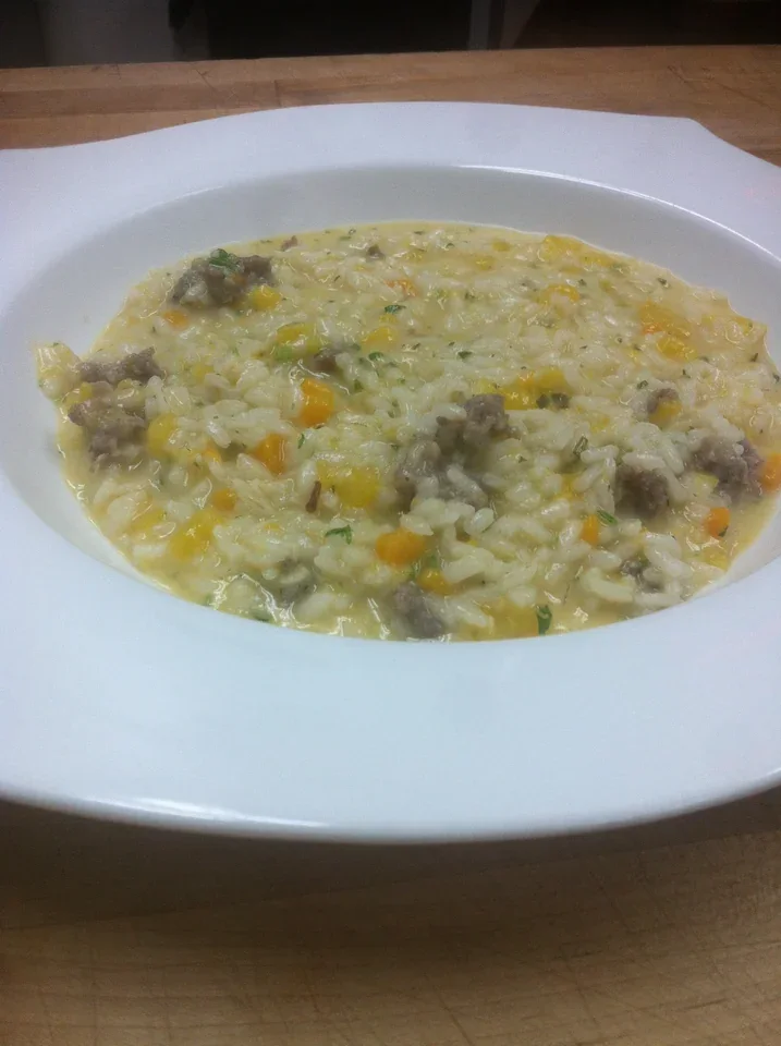 Archive view of Risotto con Zucca, Salsiccia e Provola Affumicata plated at Davanti