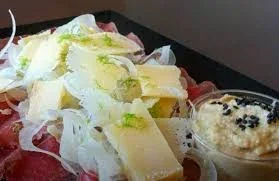 Archive view of Bresaola della Valtellina con Finocchio, Mela Verde e Parmigiano plated at Davanti
