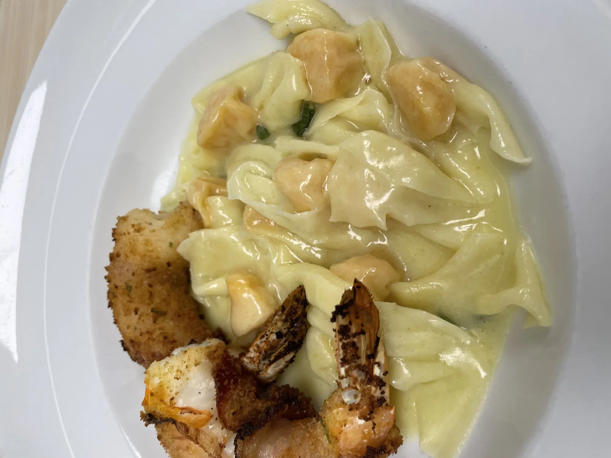 Pumpkin ravioli with gratinéed shrimp at Davanti