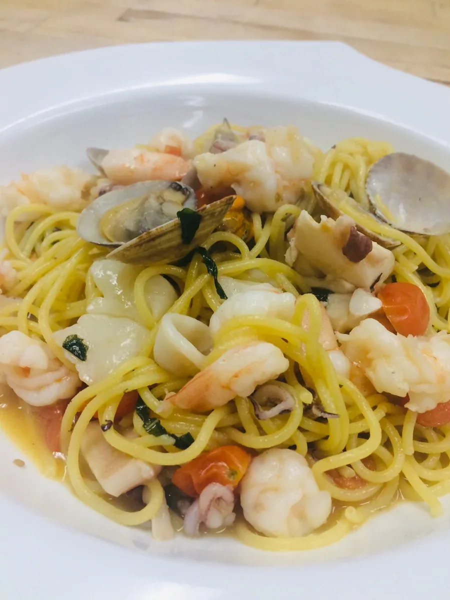 Spaghetti with shrimp, clams, mussels, scallops, cuttlefish, and calamari at Davanti